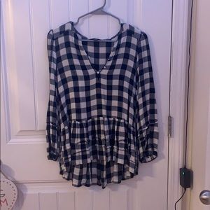 Navy Gingham Longsleeve Peplum Top